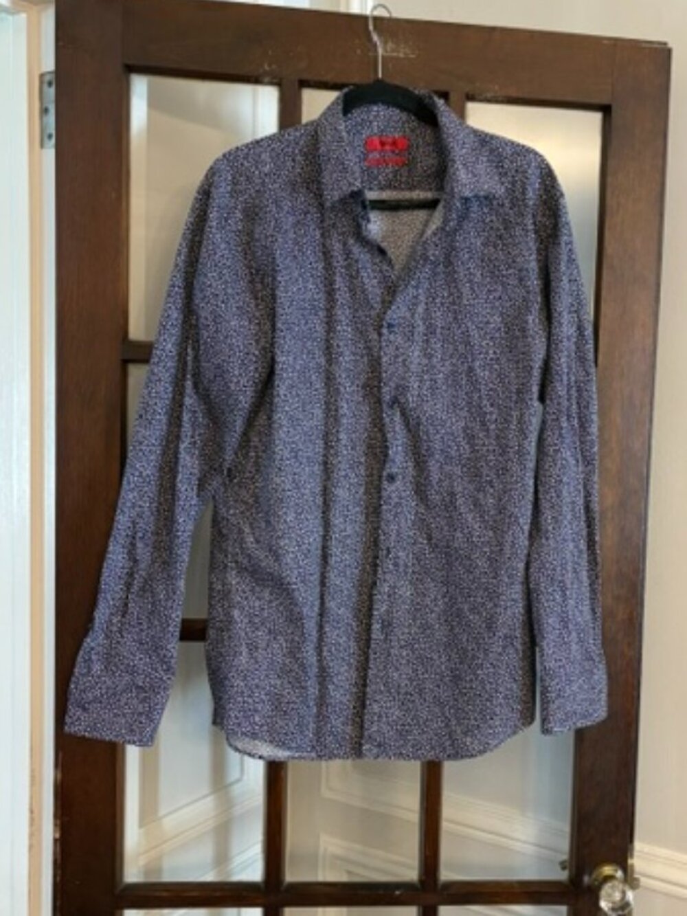 Hugo Boss Navy Slim Fit Button-Down with White Floral Pattern, Size 42/16.5